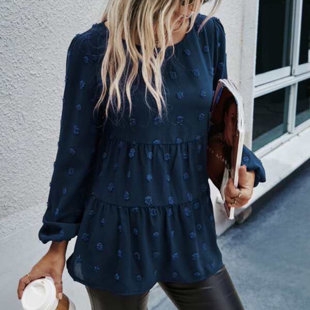 Classic Navy Blue Swiss Dot Ruffle Top Minimalist - Picture 1 of 12